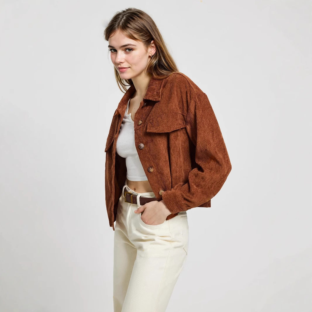 Damen Cordjacke Lässiger Schnitt Praktische Taschen Braun