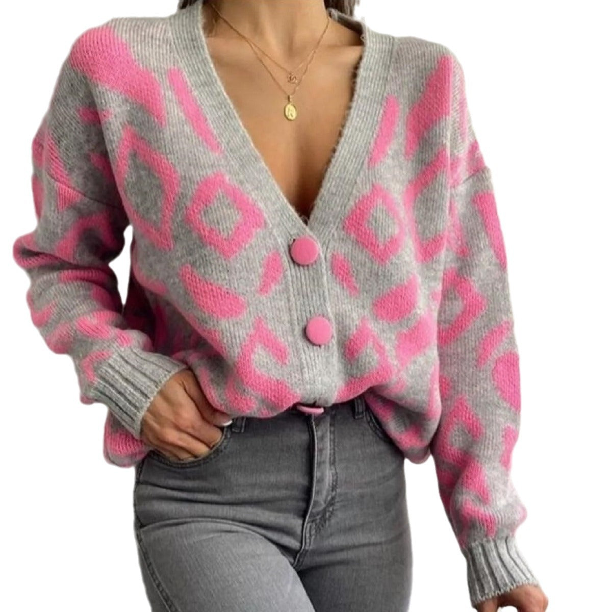 Damen Grobstrickjacke Leopardenmuster Knöpfe