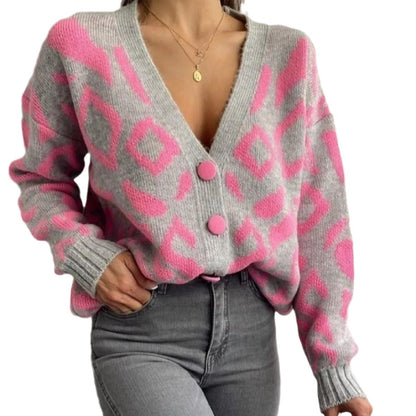 Damen Grobstrickjacke Leopardenmuster Knöpfe