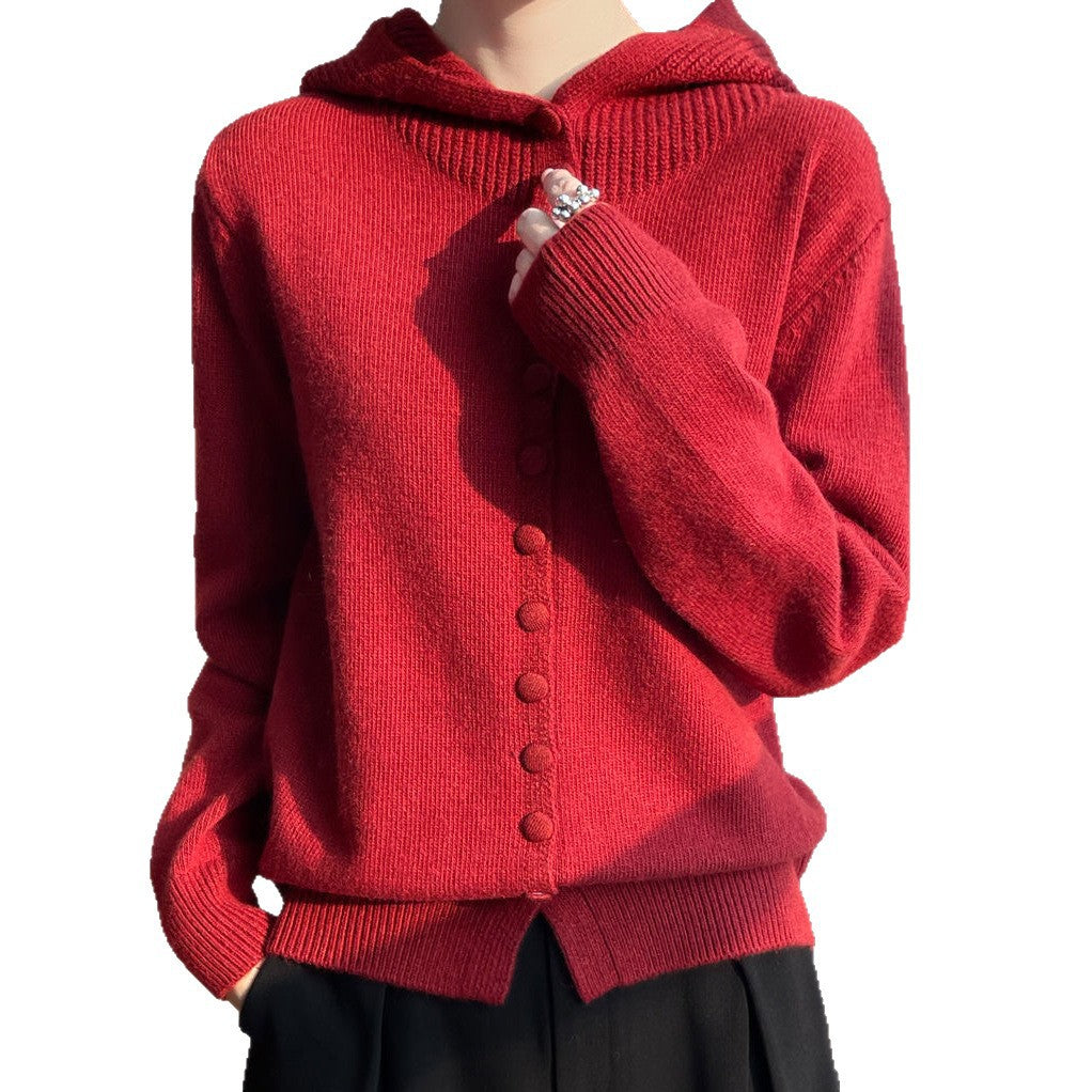 Damen Strickjacke Kapuze Knopfverschluss Eveloria