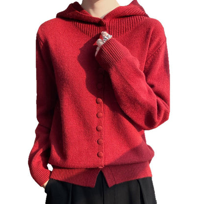 Damen Strickjacke Kapuze Knopfverschluss Eveloria
