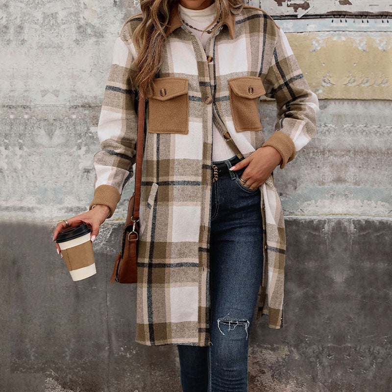 Damen Karierte Langarmjacke Baumwolle Moderner Schnitt weiß