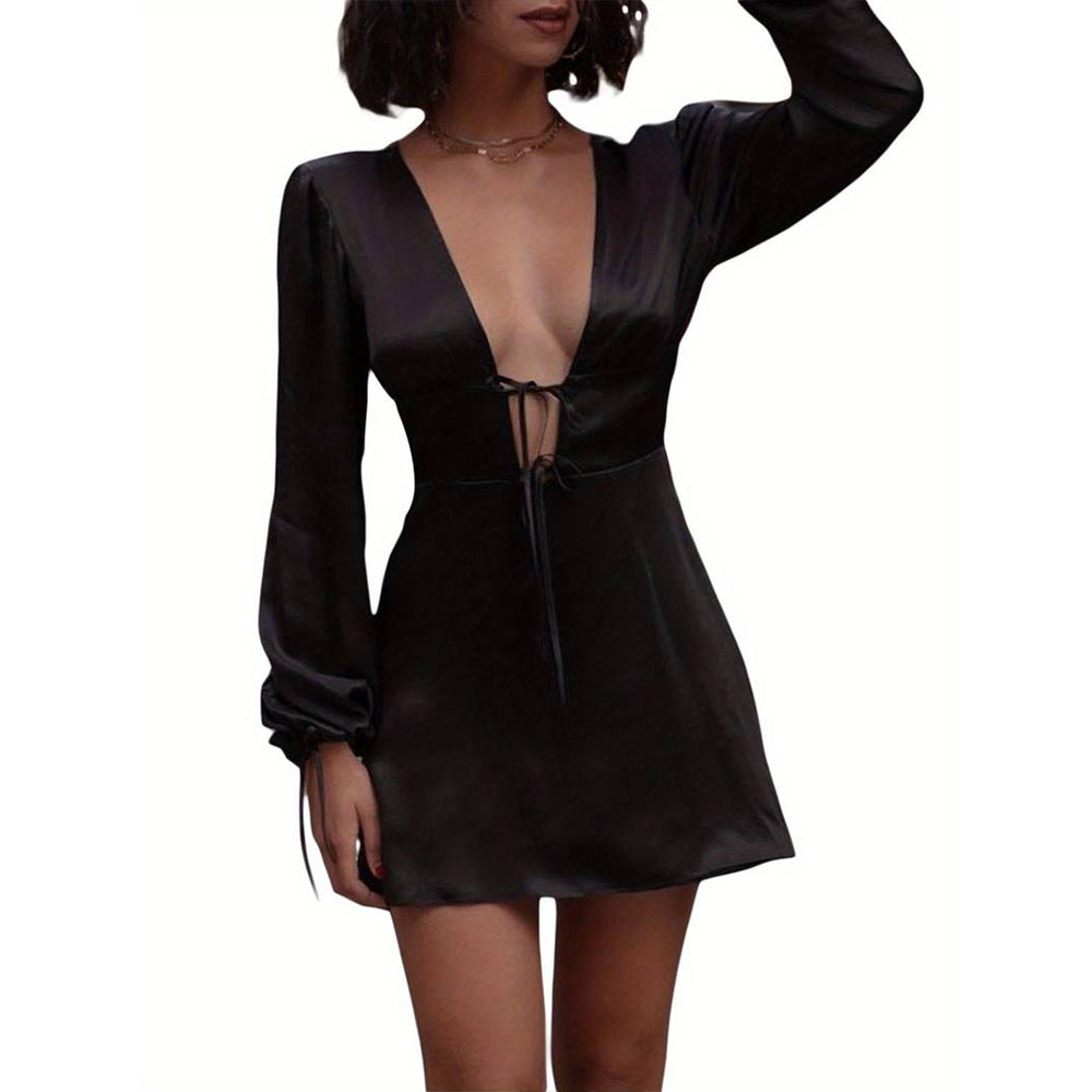 Damen Minikleid V-Ausschnitt Raffbänder Eveloria