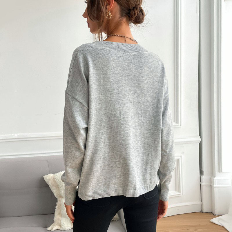 Damen Pullover V-Ausschnitt Sternenmuster Lässig Grau Eveloria