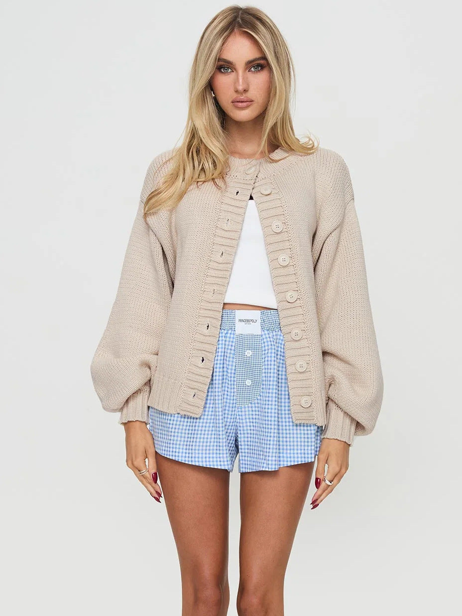 Damen Strickjacke Voluminöse Ärmel Dekorative Knöpfe Beige