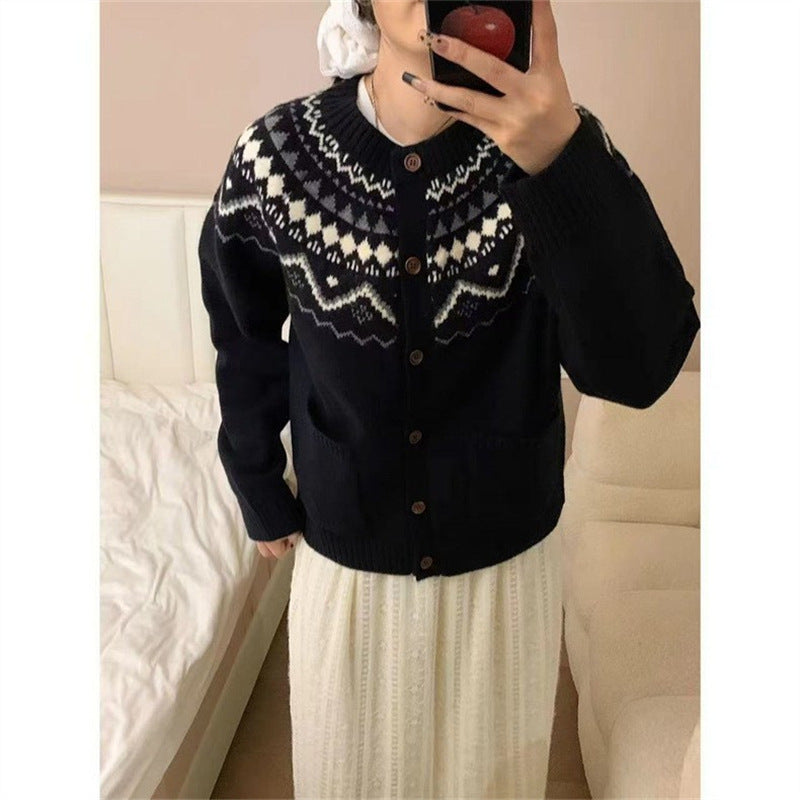 Damen Grobstrickjacke Norwegermuster mit Taschen