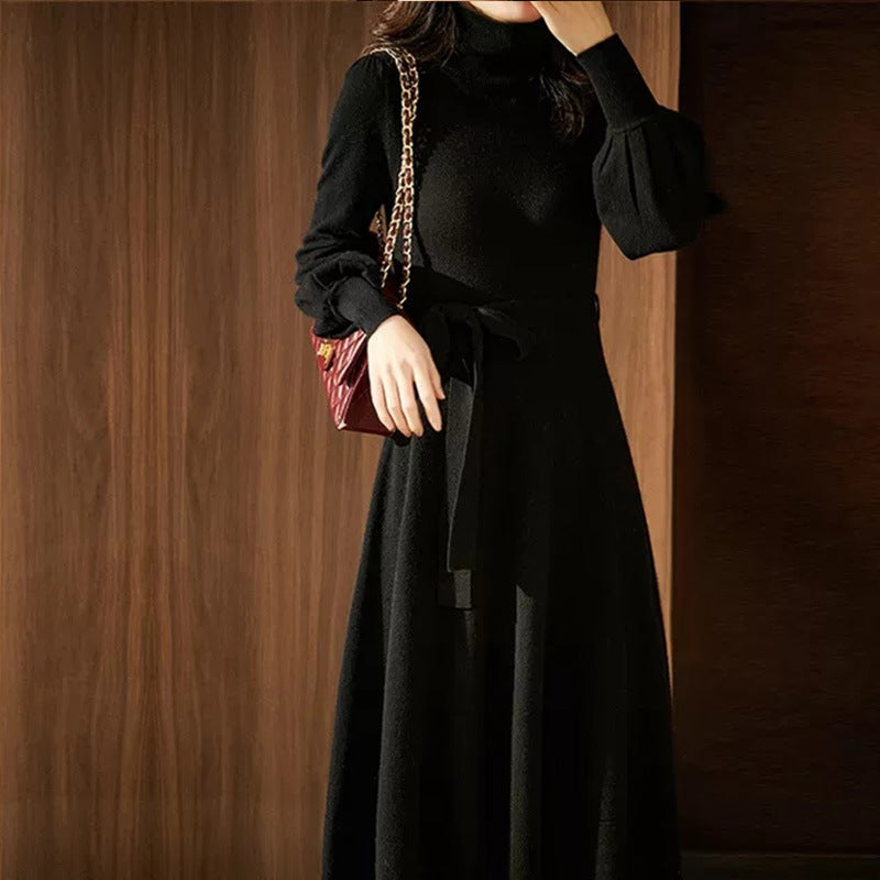 Damen Strickkleid Hohler Kragen Taillierter Gürtel