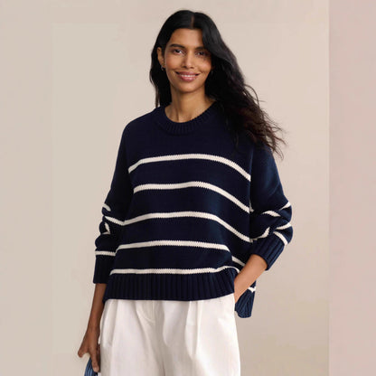 Damen Strickpullover Breite Streifen Rundhals weiß Eveloria