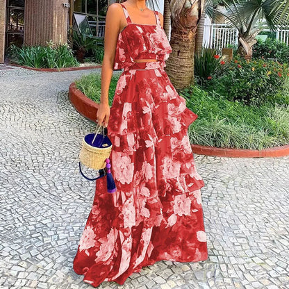 Damen Maxi-Kleid Floralmuster Rüschen Eveloria