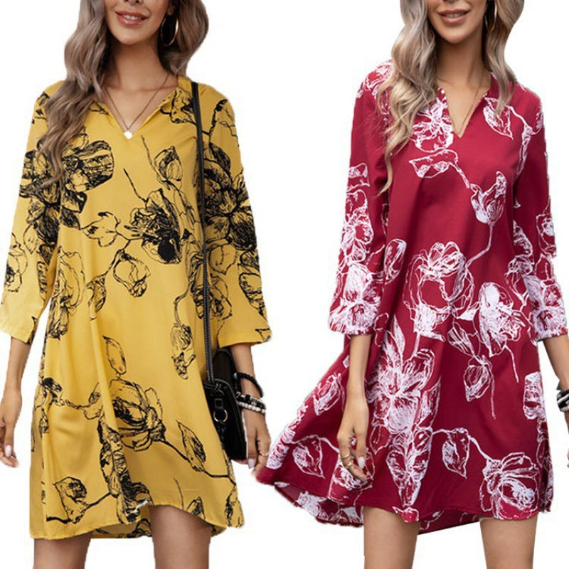 Damen Tunika-Kleid mit floralem Druck und 3/4-Ärmeln