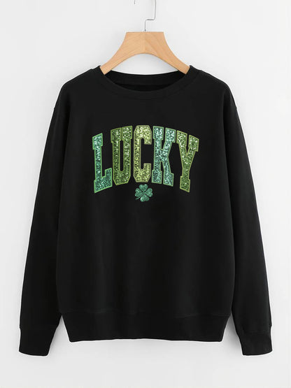 Damen Sweatshirt Glitzernd Kleeblattmotiv Grau Eveloria