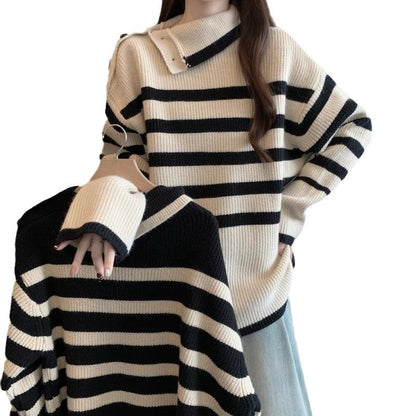 Damen Strickpullover Asymmetrischer Kragen Streifenmuster Eveloria