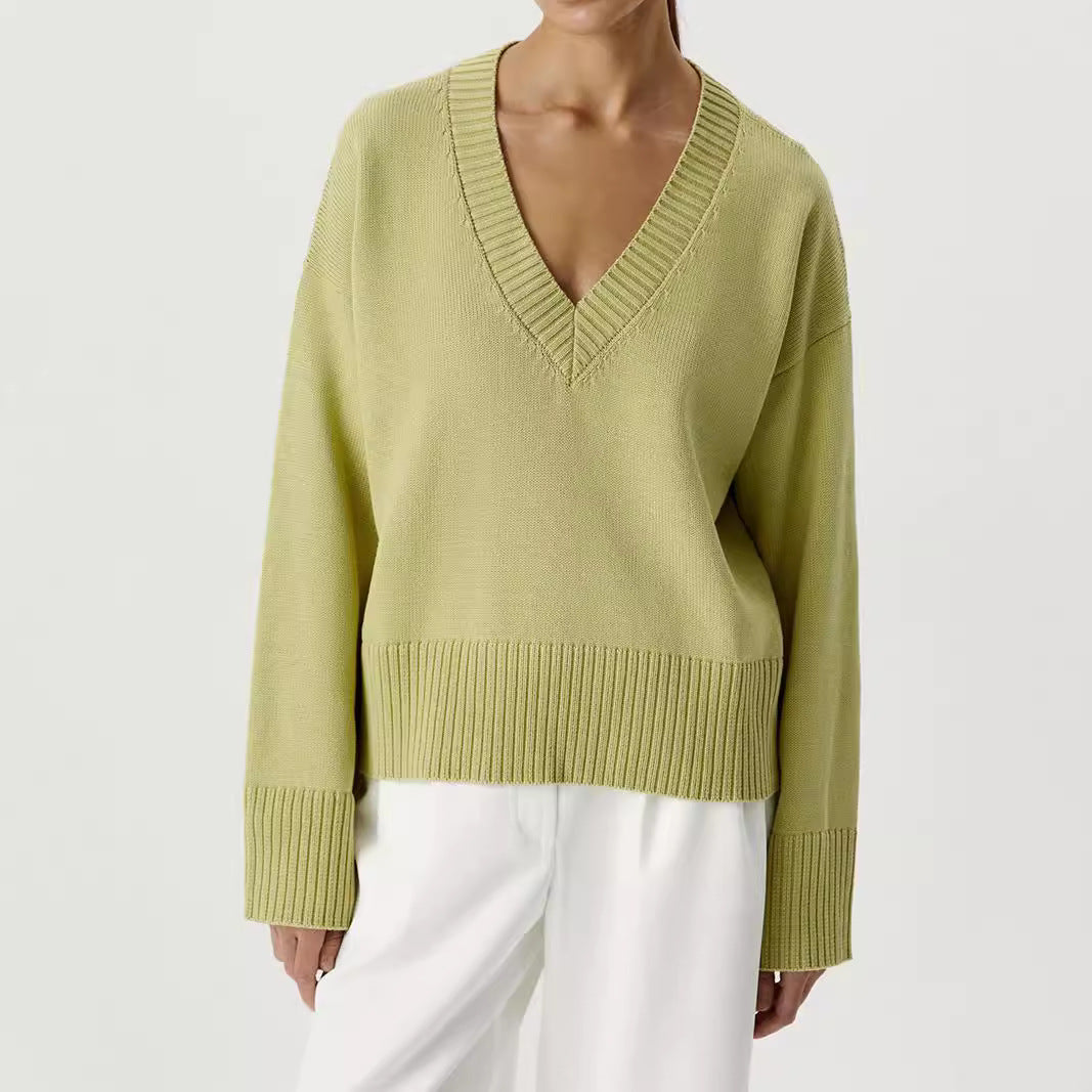 Damen Strickpullover V-Ausschnitt Breite Bündchen Eveloria