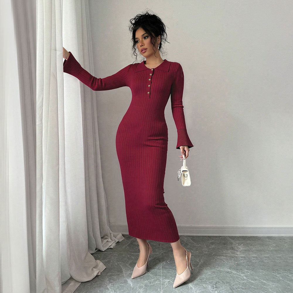 Damen Maxikleid Figurbetont Polokragen Knopfleiste Eveloria