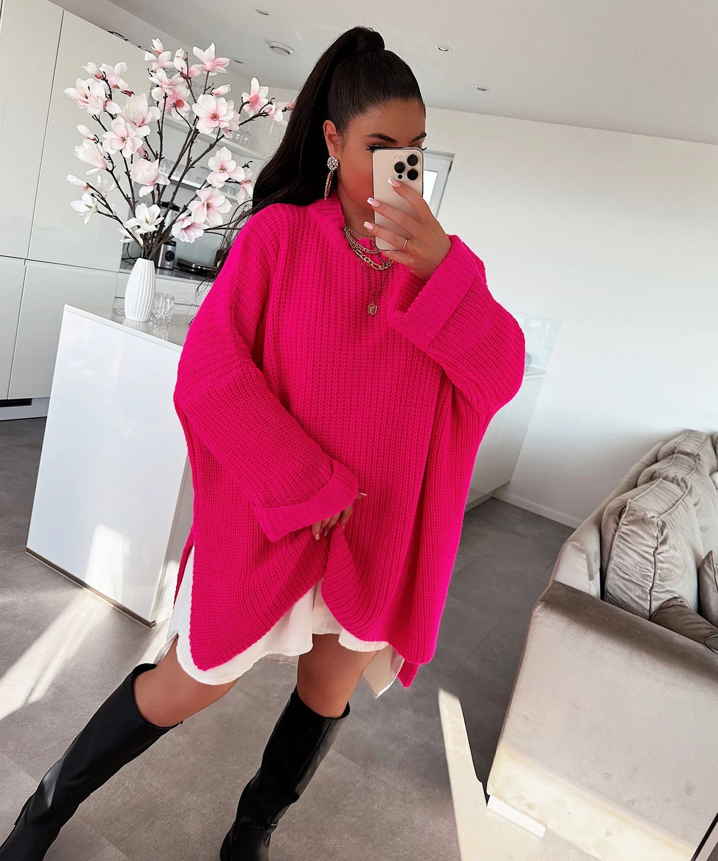 Damen Strickpullover Oversized Lässiger Schnitt Weite Ärmel