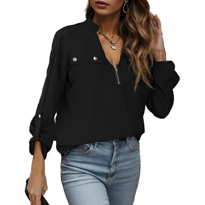 Damen Bluse Stehkragen Reißverschluss Eveloria