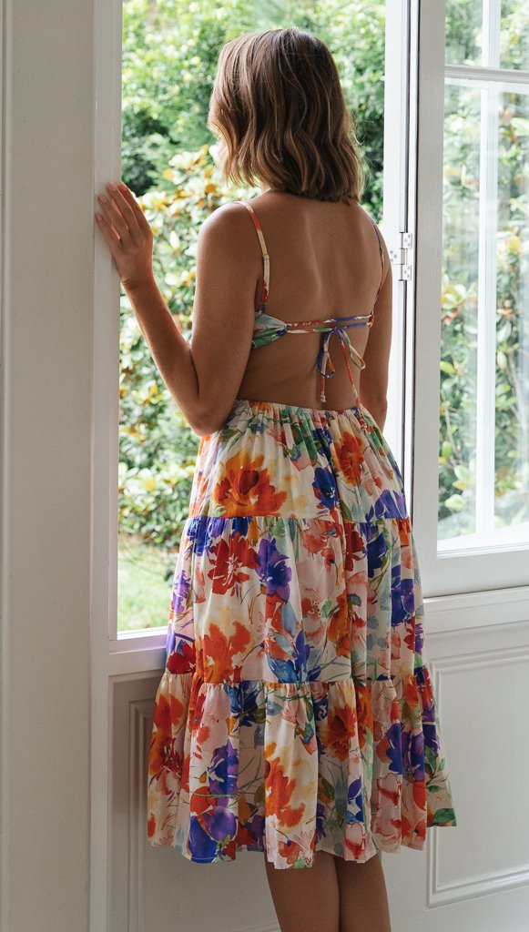 Damen Midi-Kleid Blumenmuster Fließender Rock Eveloria