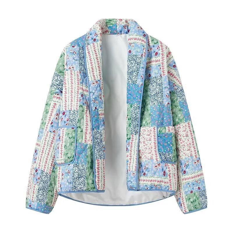 Damen Steppjacke Patchwork Floralmuster mit Seitentaschen - Eveloria
