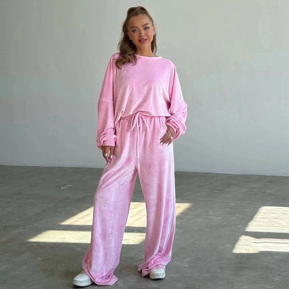Damen Velours Jogginganzug Hochbund Weite Beine Eveloria