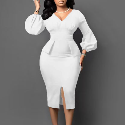 Damen Midi-Kleid Figurbetont Puffärmel Eveloria