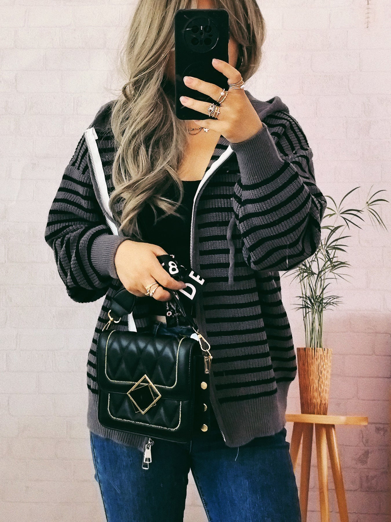 Damen Hoodie Lässig Gestreift Mit Taschen Eveloria
