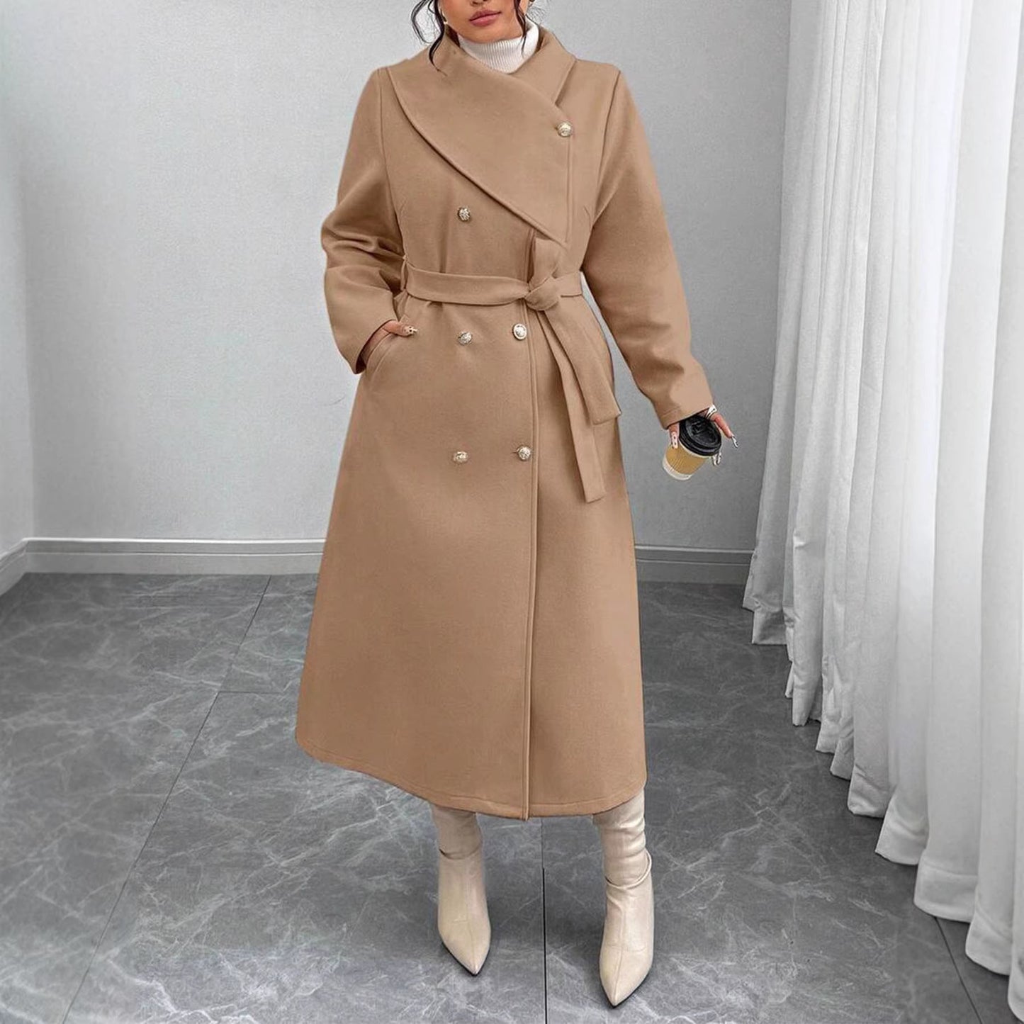 Damen Wollmantel Elegant Doppelter Knopfleiste Gürtel Eveloria