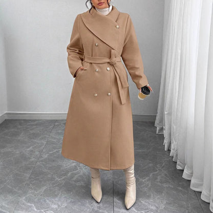 Damen Wollmantel Elegant Doppelter Knopfleiste Gürtel Eveloria