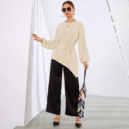 Damen Asymmetrisches Blusen-Shirt mit Taillengürtel Eveloria