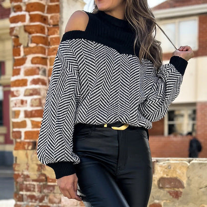 Damen Pullover Zickzackmuster Schulterauschnitt Eveloria