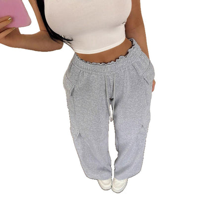 Damen Cargo-Hose Weites Bein Praktische Taschen Beige Eveloria