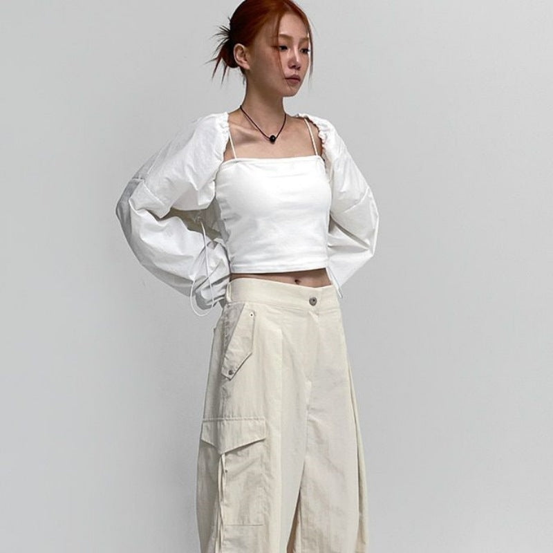 Damen Cropped Langarmbluse Rüschen Bluse Eveloria