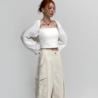 Damen Cropped Langarmbluse Rüschen Bluse Eveloria