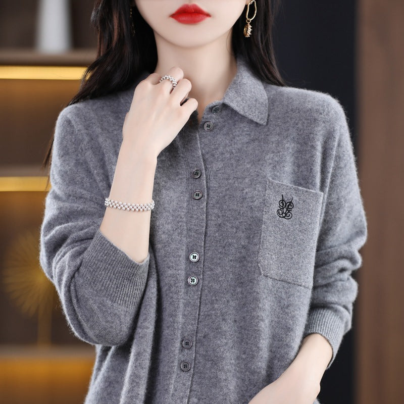 Eveloria Damen Langärmlige Strickjacke Elegant Kragen Knopfleiste