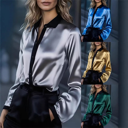Eveloria Damen Satinbluse Kontrastkragen - Eveloria
