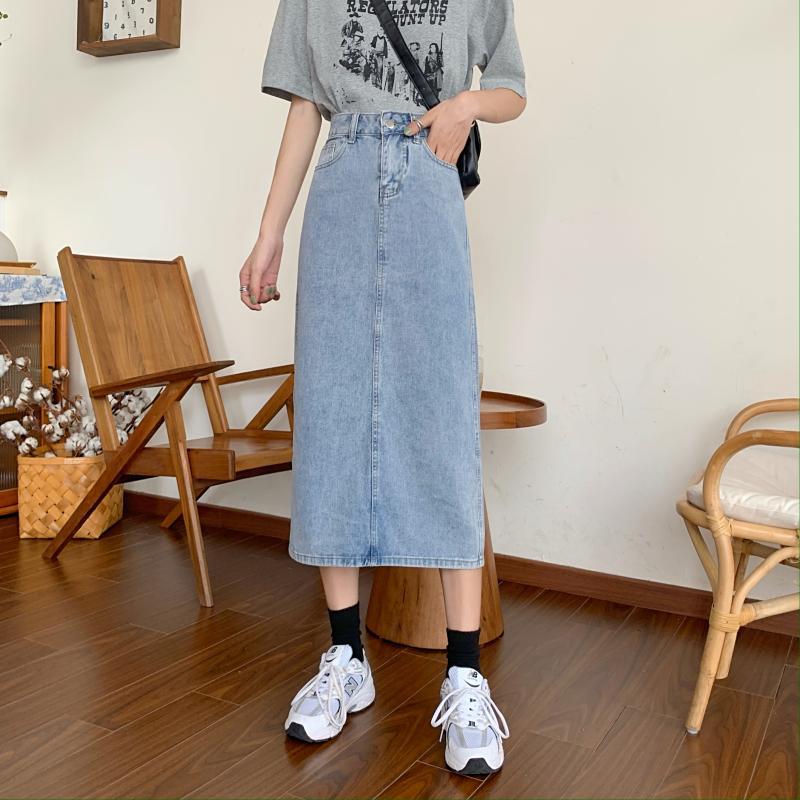 Damen Denim-Rock Lang mit Schlitz Eveloria