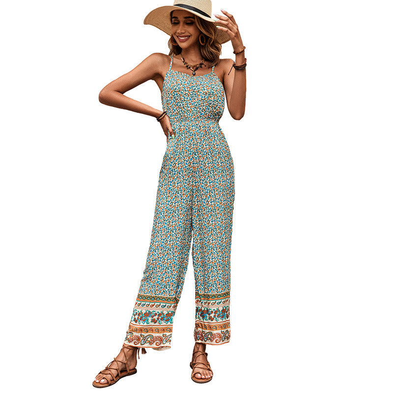 Damen Jumpsuit Blumenmuster Breite Beine Verstellbare Träger Eveloria
