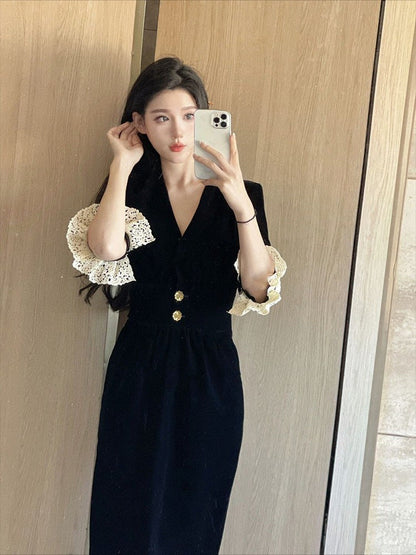 Damen Kleid Spitzenärmel Dekorative Knöpfe Eveloria