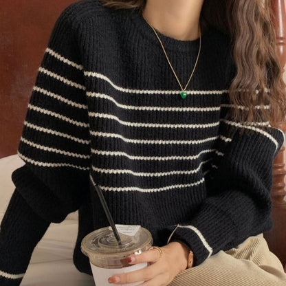 Damen Grobstrickpullover Gestreift Lässig Eveloria