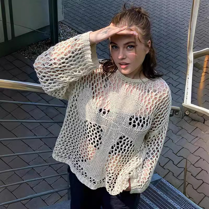 Damen Strickpullover Luftig Offenes Netzdesign Beige - Eveloria