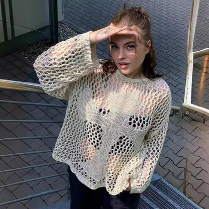 Damen Strickpullover Luftig Offenes Netzdesign Beige - Eveloria
