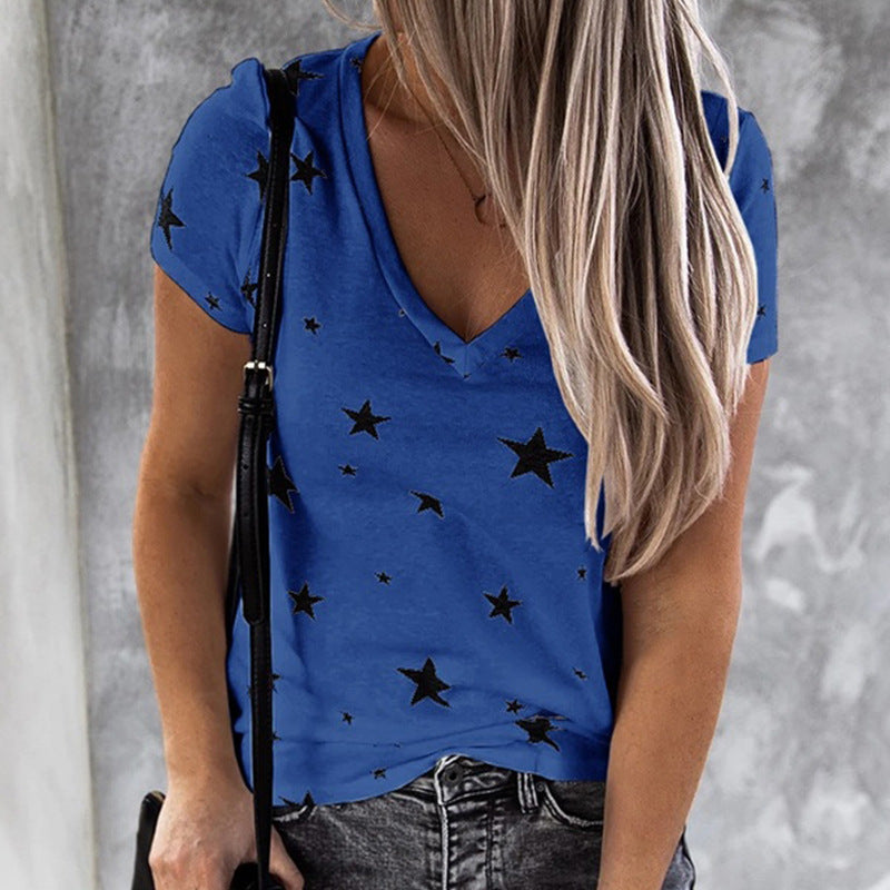 Damen T-Shirt V-Ausschnitt Sternenmotiv Lässig Weiß