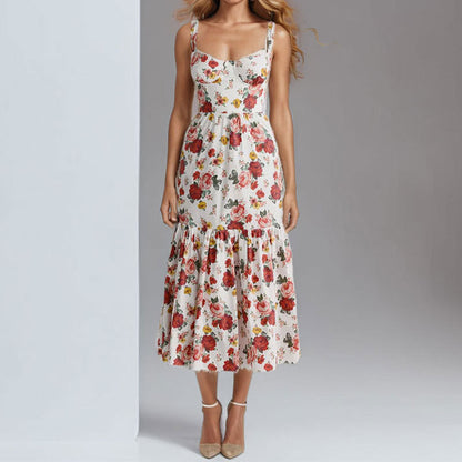 Damen Blumenkleid Rüschensaum schmale Träger Eveloria