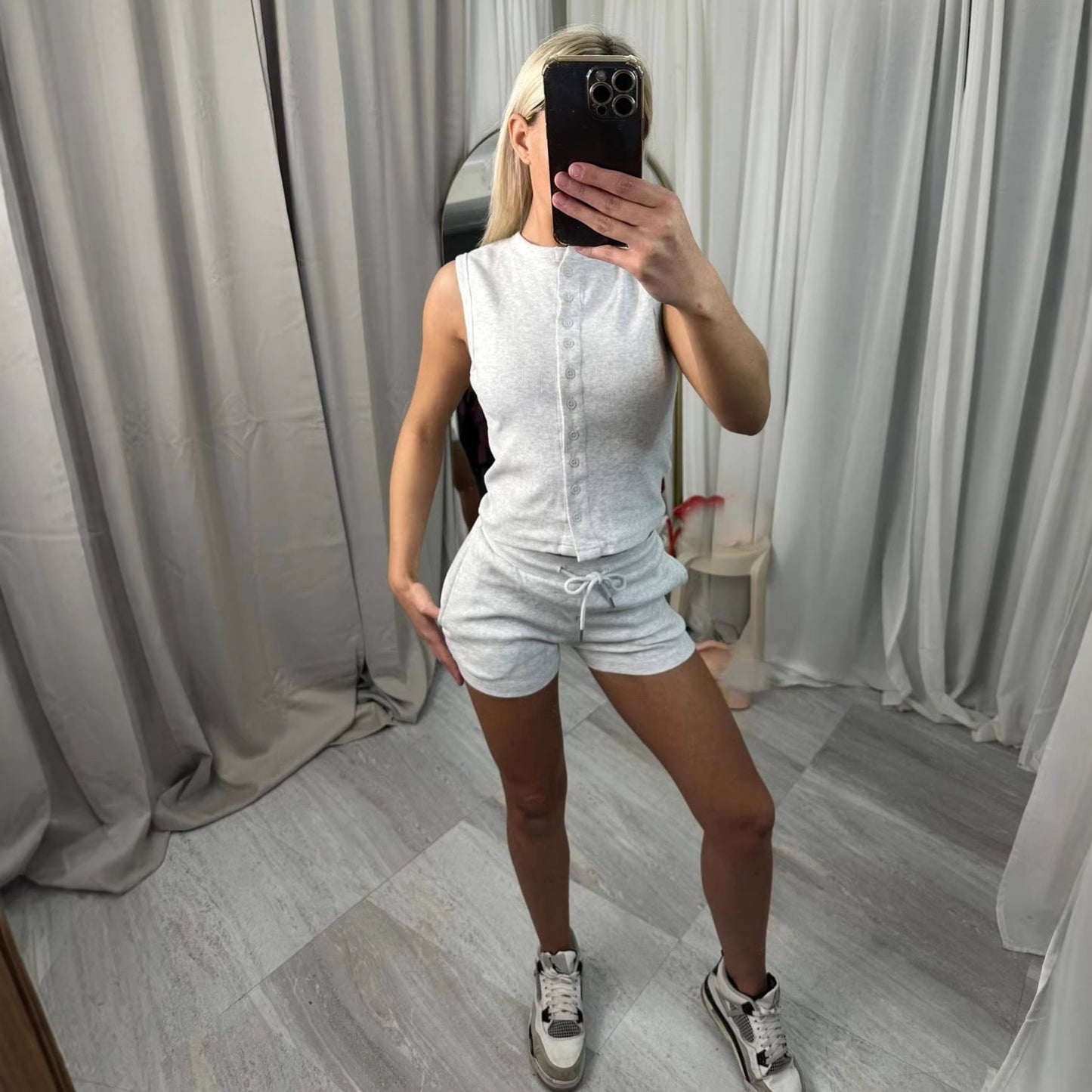 Damen Kurzoverall Set Knopfverschluss Verstellbar