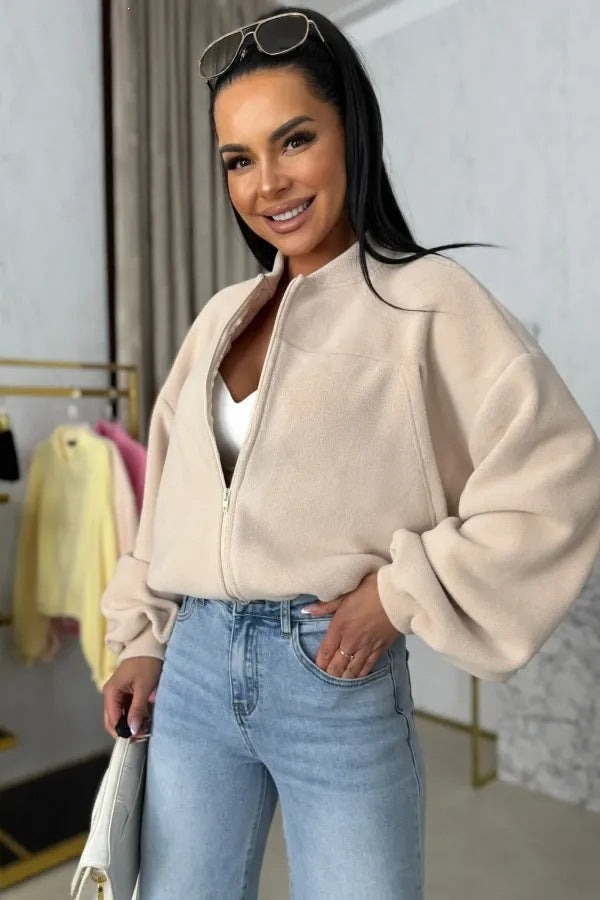 Damen Fleecejacke Lässig Hochkragen Puffärmel Eveloria
