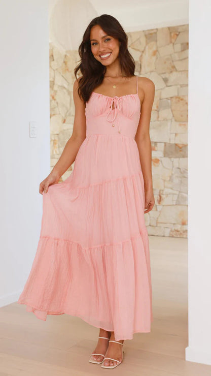 Damen Maxikleid Boho-Stil verstellbare Träger Volumöser Rock Eveloria