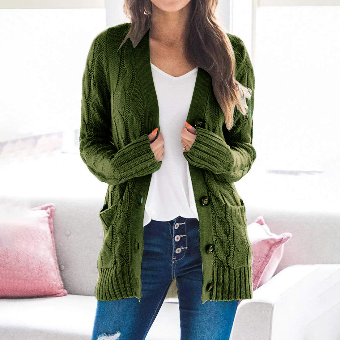 Damen Grobstrickjacke mit Knöpfen und Taschen Schwarz Eveloria - Eveloria