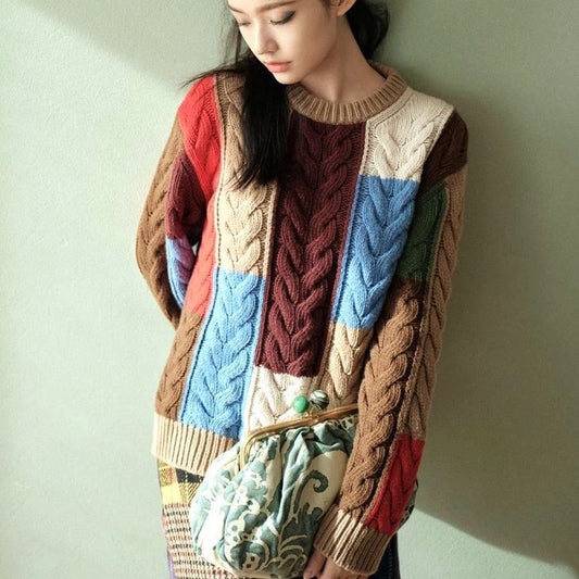 Damen Grobstrickpullover Bunt Patchwork-Muster - Eveloria