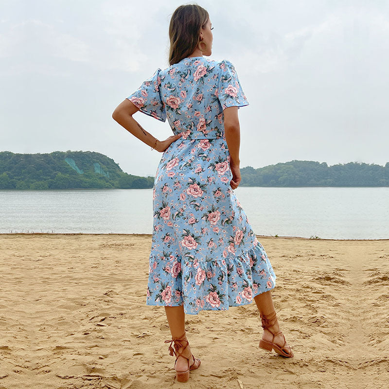 Damen Maxikleid Floral Rüschensaum