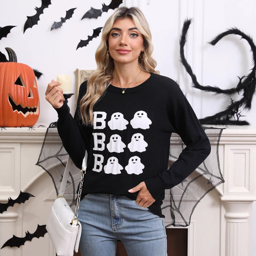 Damen Halloween Pullover Gestrickt Geistermotiv Weite Passform Schwarz - Eveloria