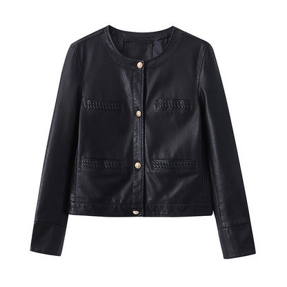 Damen Lederjacke Modern Dekorative Taschen Eleganter Schnitt